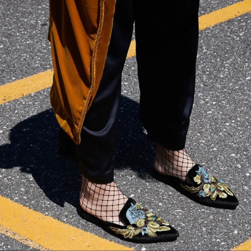 Jeffrey Campbell Black Floral Embroidered Flats